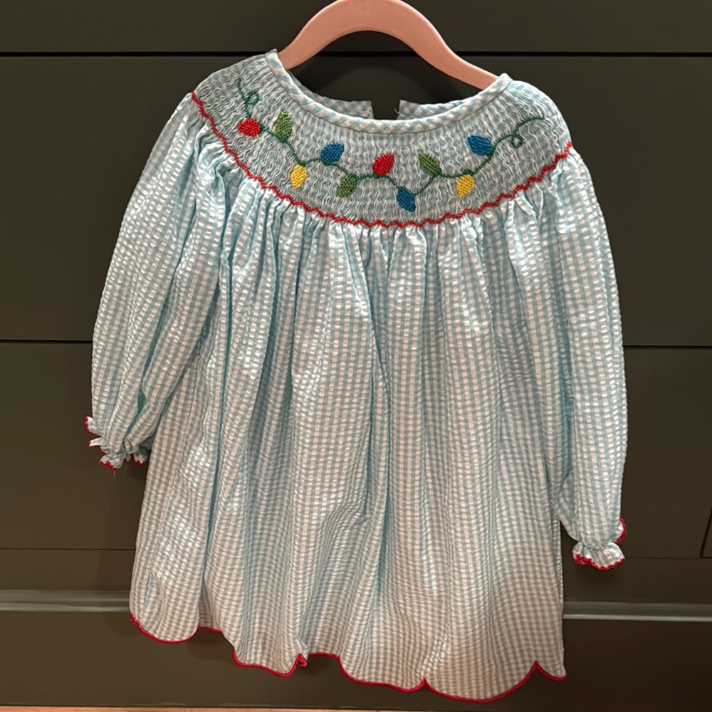 Blue Gingham Smocked Dress with Christmas Lights